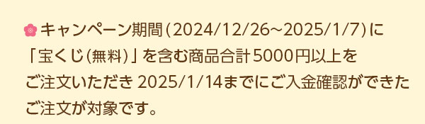 キャンペーン期間に「宝くじ(無料)」を含む商品合計5,000円以上をご注文いただき、2025/1/14までにご入金確認ができたご注文が対象です。