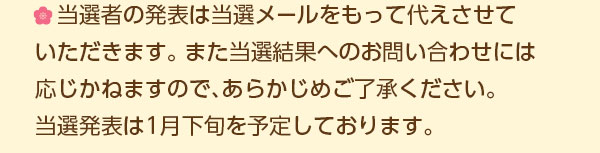 当選者の発表は当選メールをもって代えさせていただきます。また当選結果へのお問い合わせには応じかねますので、あらかじめご了承ください。当選発表は1月下旬を予定しております。